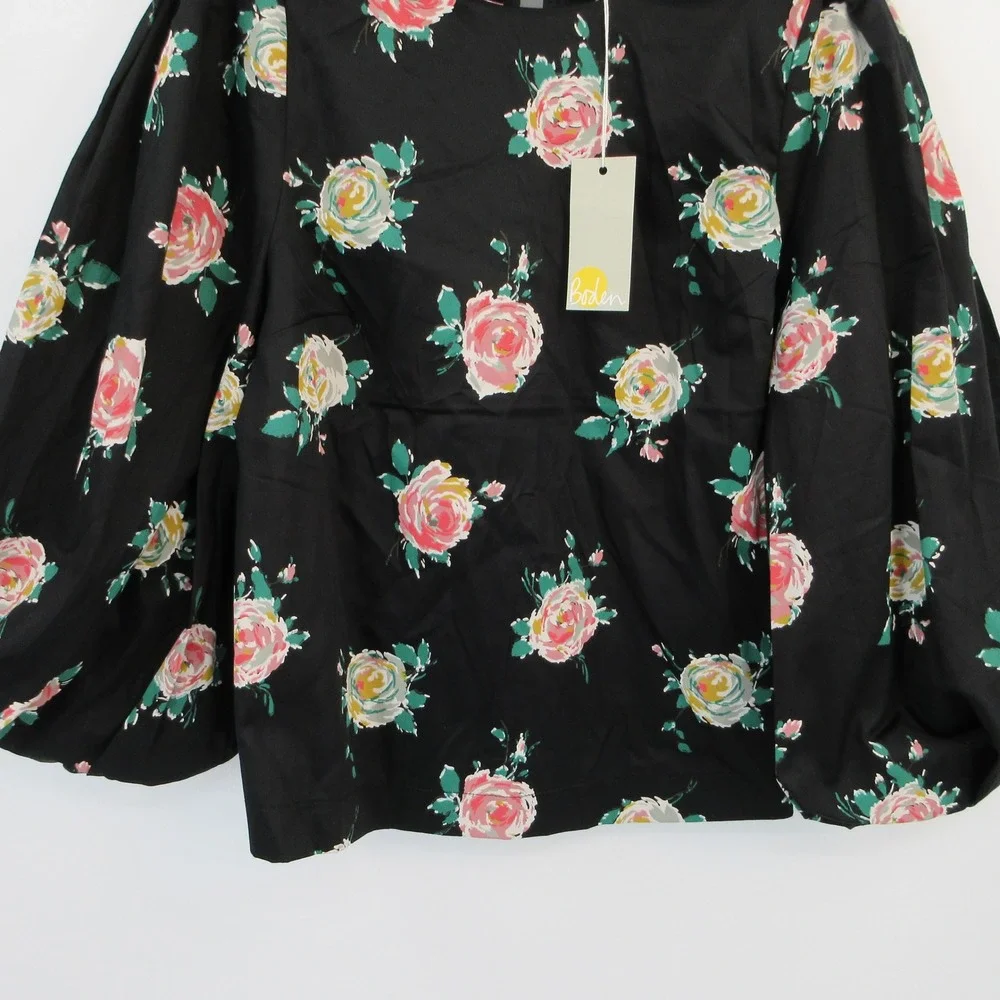 NWT Boden Womens Black Floral Rose Puff Sleeve Cotton Poplin Top US 8